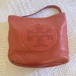 Vintage Tory Burch Perforated Logo Bucket Bag in Coral Pebbled Leather